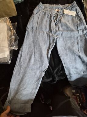 Amorosa Light Blue Linen Drawstring Pants